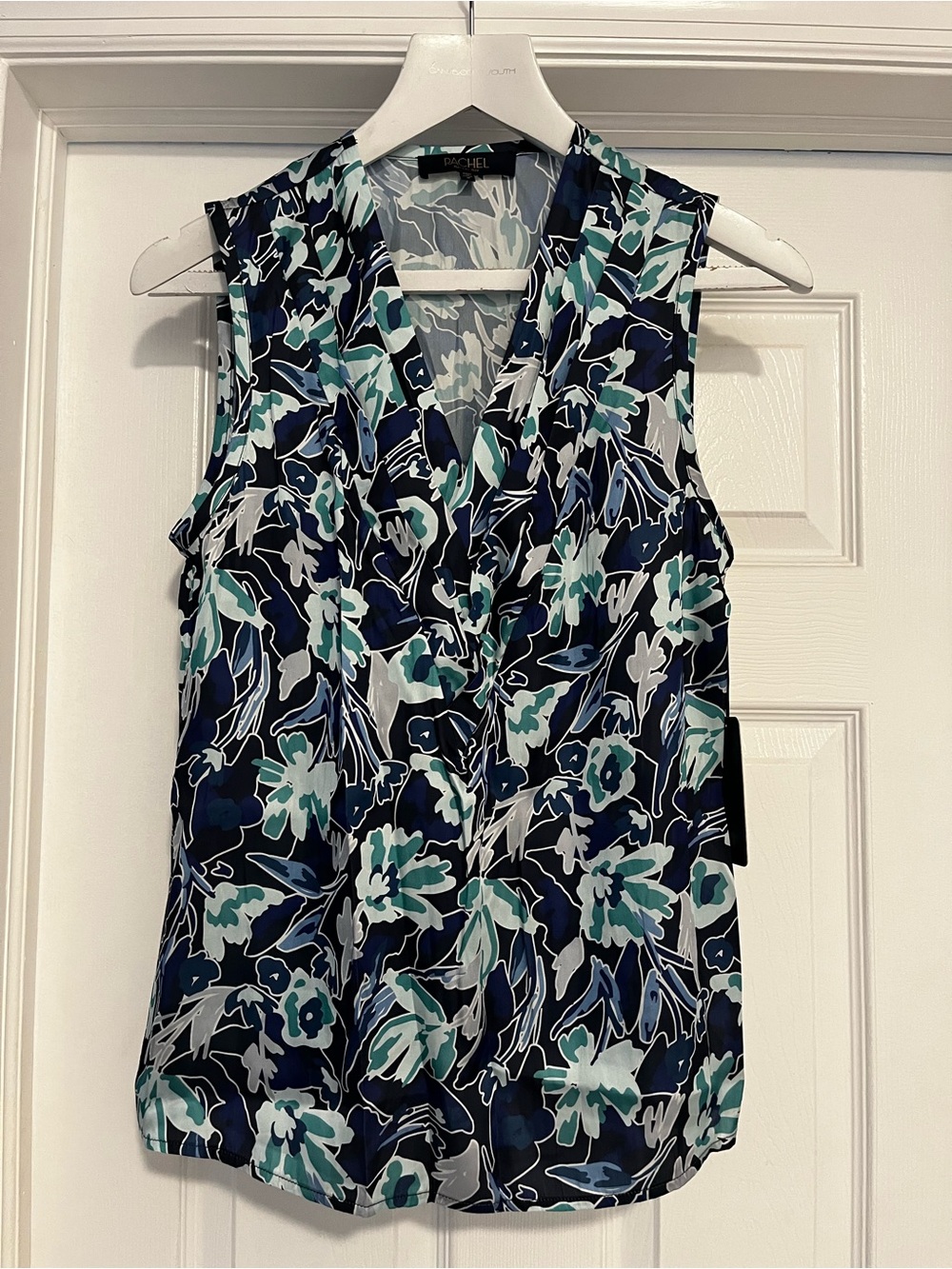 Navy Floral Sleeveless V-Neck Top with Aqua and White Accents